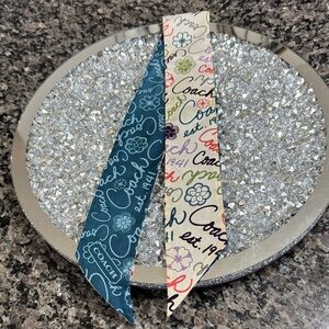 Coach silk twilly Scarf in Teal and Cream with Multicolor Script